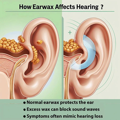 Illustration showing safe vs unsafe ear cleaning methods (doctor with otoscope vs person using cotton swab/hairpin).