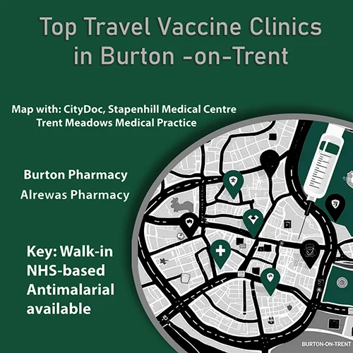 Illustrated map of Burton-on-Trent highlighting the clinic locations with icons.