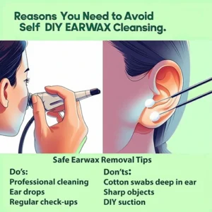 1blog body image (1) Split illustration – left side showing blocked ear canal with wax, right side showing clear ear canal with sound waves flowing freely.