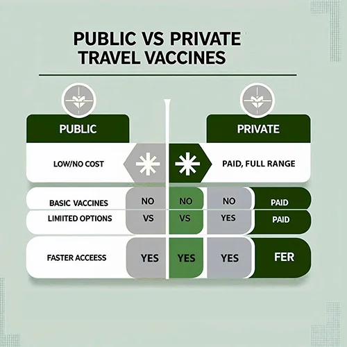 Comparison chart of public vs private travel vaccines (cost, availability, diseases covered).