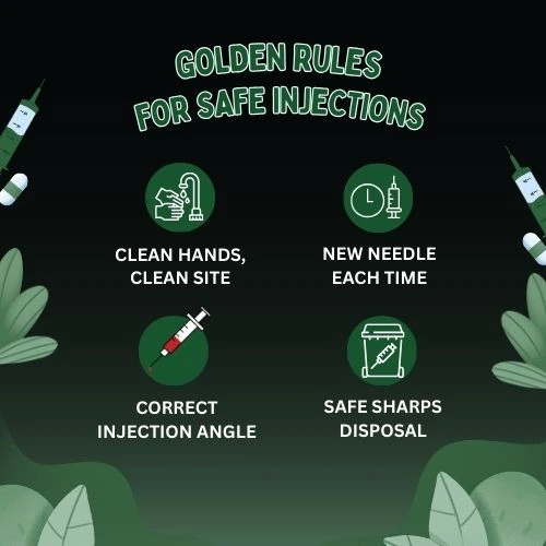 1st Body Image blog3 Illustrated step-by-step injection guide with icons for handwashing, cleaning site, correct angle, disposal.