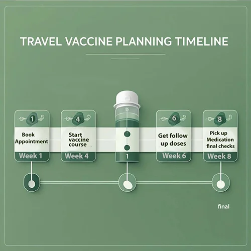Timeline graphic showing vaccine booking steps from 8 weeks before travel to departure.