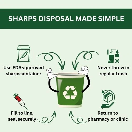 Diagram of proper sharps disposal process from injection to final drop-off.