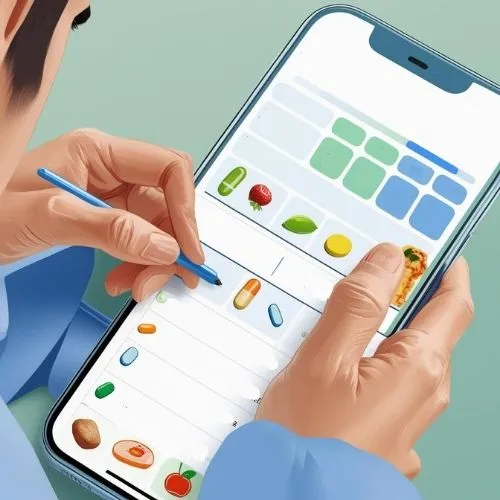 A visual of a person tracking food and medication in a journal or app interface mockup, possibly including calendar reminders or pill icons.