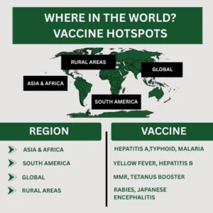 Side-by-side world map with color-coded regions showing where each major vaccine is recommended.