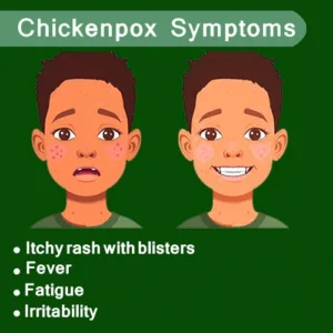 b1 Illustration of a child with chickenpox rash vs. a child smiling healthy after vaccination.